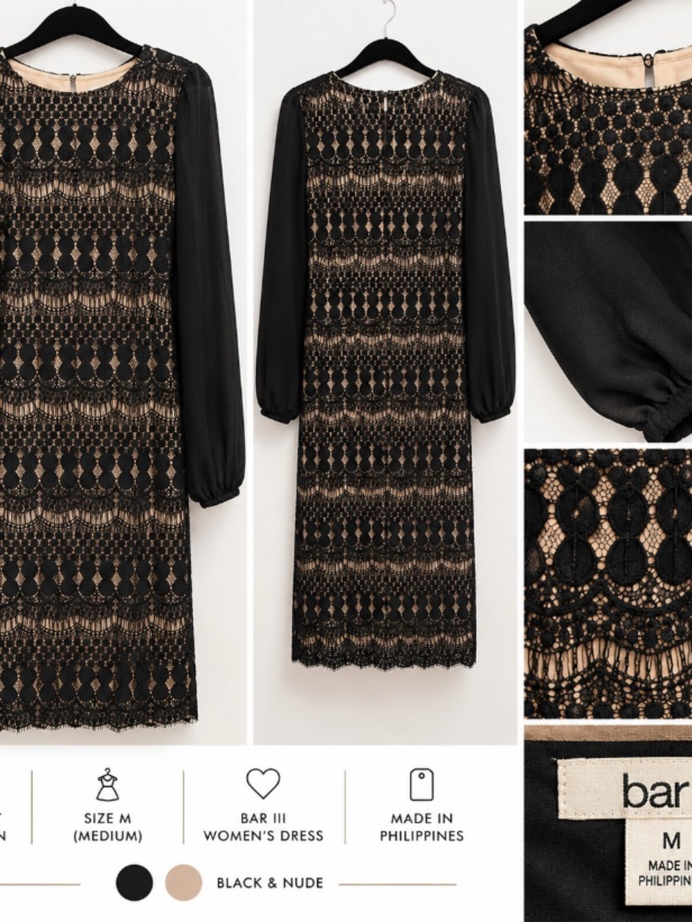 Bar III Black & Nude Lace Long-Sleeve Sheath Dress with Chiffon Sleeves